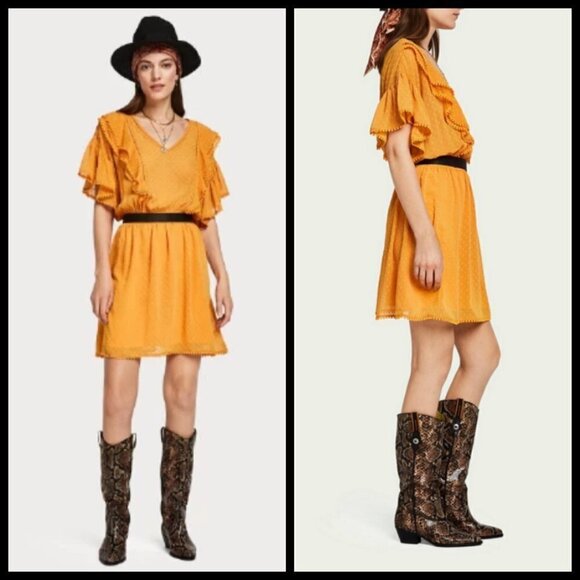 💕SCOTCH & SODA💕 Dotted Lace Ruffled Pom-Pom Dress ~ Yellow Medium NWOT - Picture 5 of 14